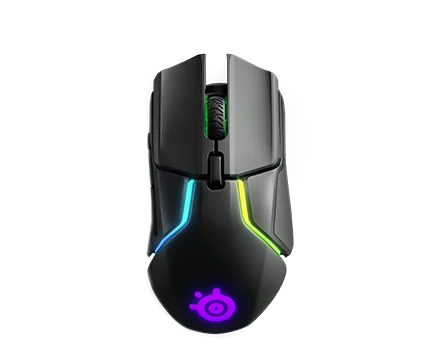Black gaming mouse with glowing internal elements 