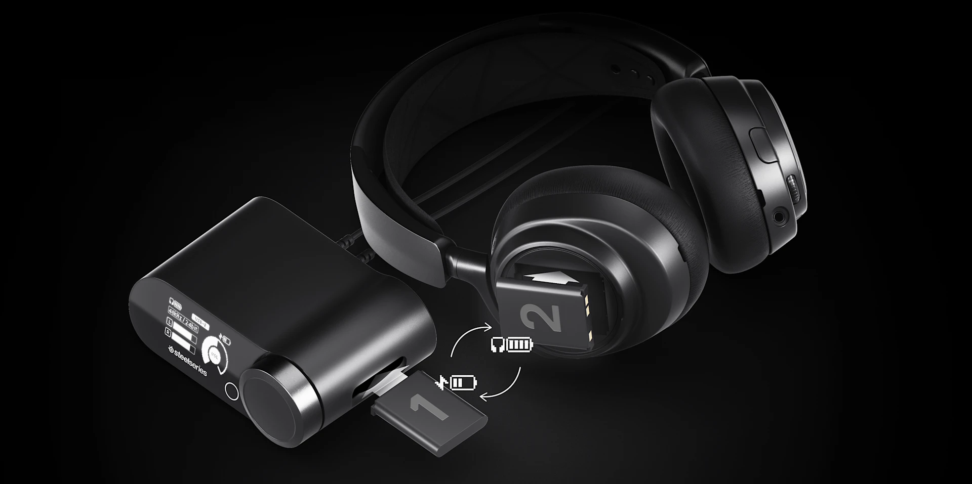 Batteriestation mit entnommener Batterie und Kopfhörern, wobei eine weitere Batterie leicht hervorsteht, was auf einen schnellen Austausch hindeutet.