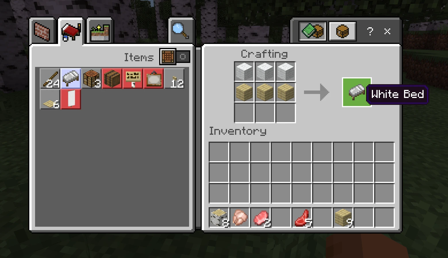 process of creating bed in minecraft. 