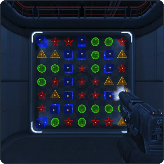 Perspectiva en primera persona de un jugador apuntando con un arma a un tablero futurista de rompecabezas de combinar tres en una pared, que combina elementos de juego de disparos y rompecabezas.