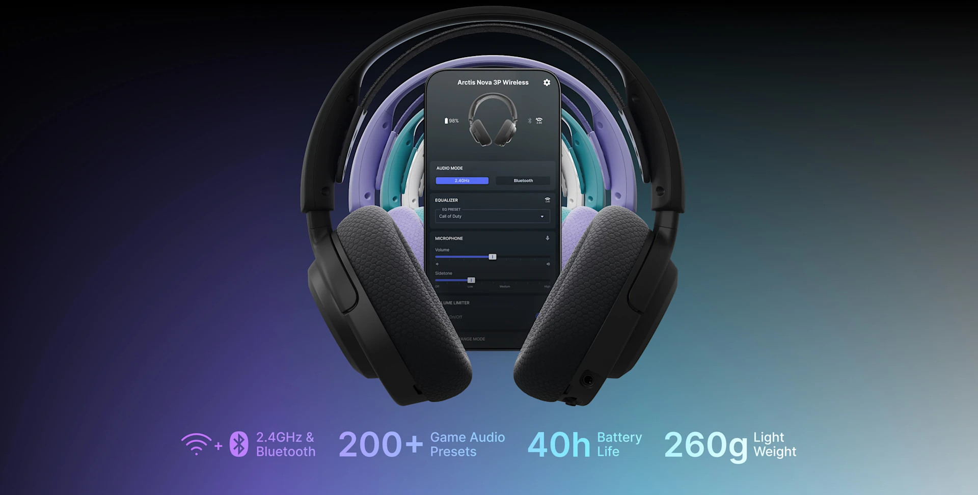 Arctis nova 3 headset black, lavender, aqua and white;mobile in the middle with arctis app running.
