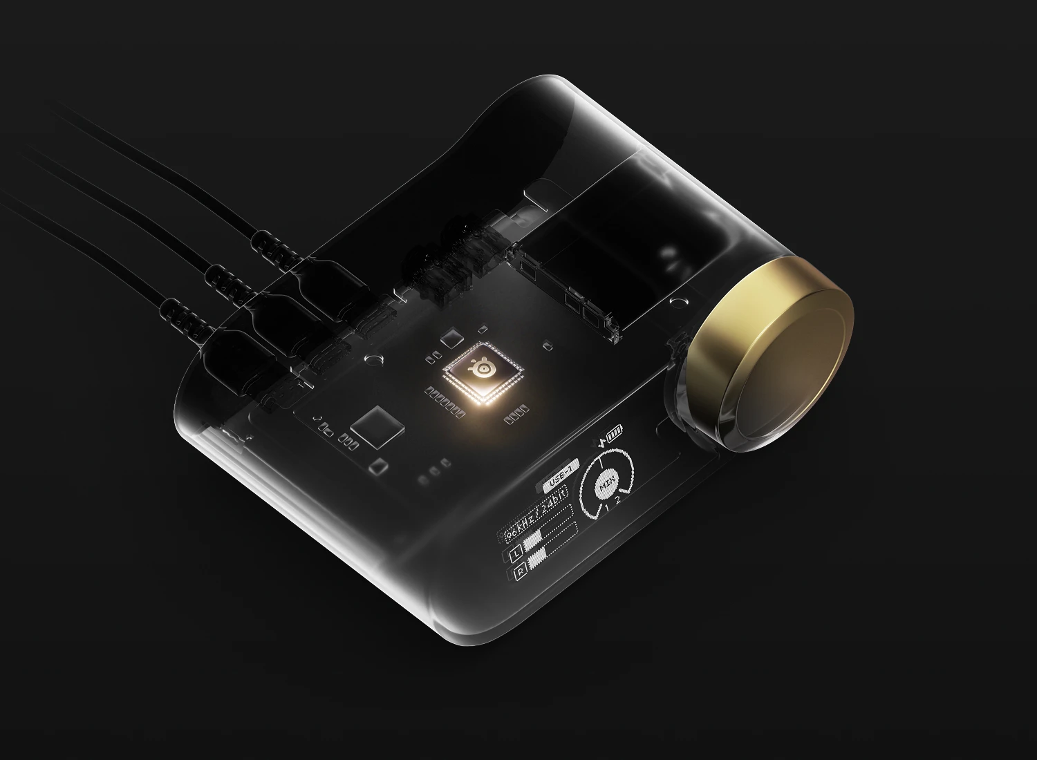 Docking station with transparent top and visible processor inside.