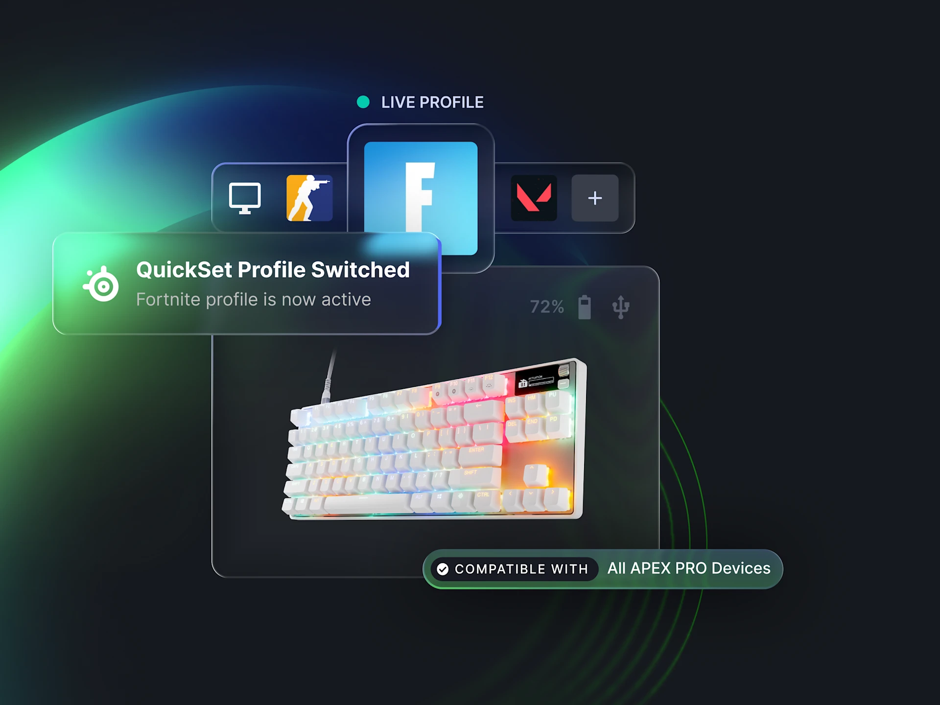 SteelSeries graphic showing "QuickSet Profile Switched" for Fortnite on a white Apex Pro keyboard. Includes game icons for CS:GO and Valorant, highlighting "All Apex Pro Devices."