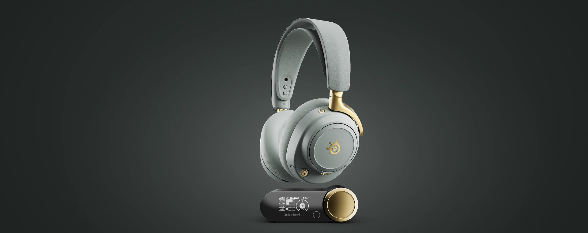 SteelSeries Arctis Nova Elite Wireless gamingheadset in salie en goud met OLED-basisstation. Hoogwaardige hoofdtelefoon met ruisonderdrukking voor pc, PlayStation en Xbox.