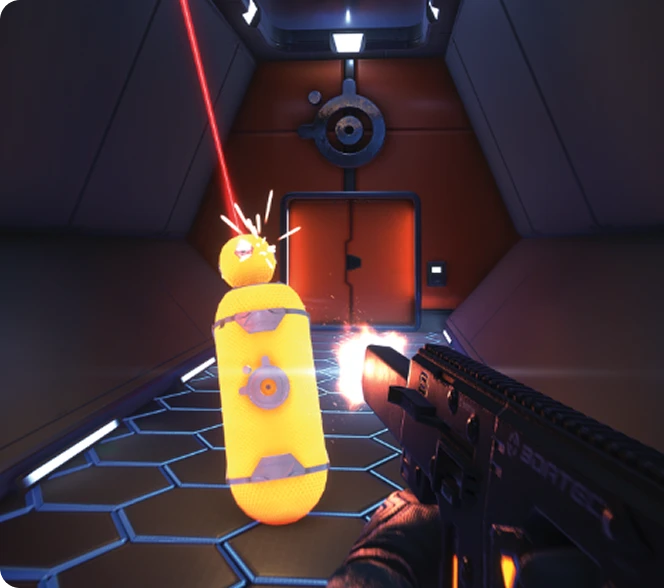 First person view of gun shooting a target in the head.