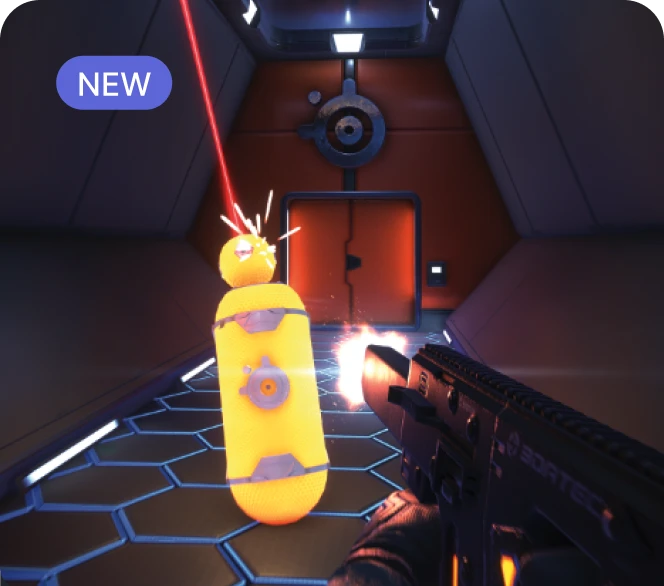 First person view of gun shooting a target in the head.