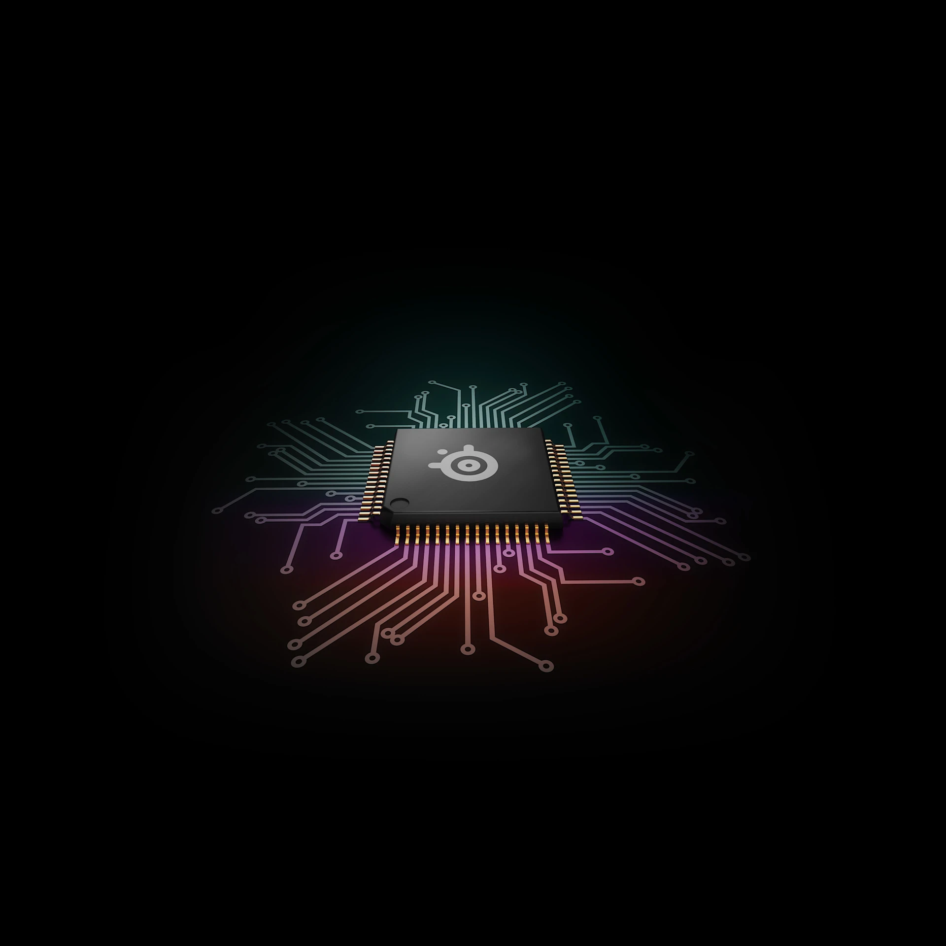 A processor with the SteelSeries logo on a black background, connected by multiple buses.