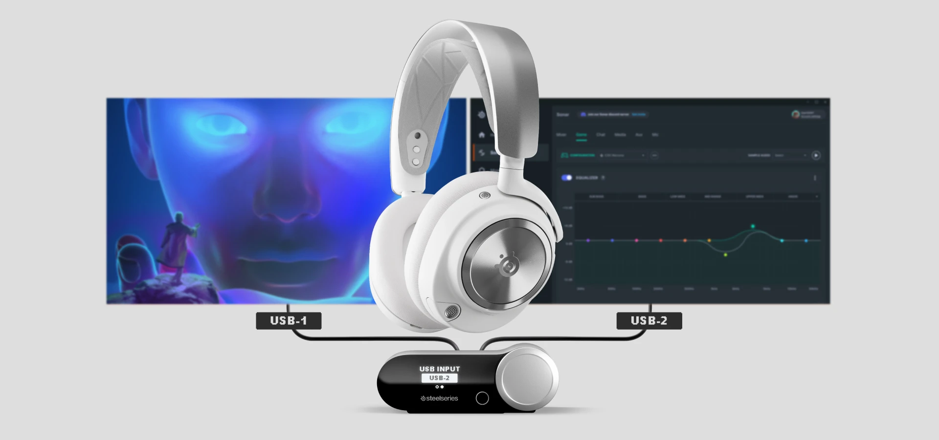 Auriculares inalámbricos Arctis Nova Pro blancos conectados al televisor y al monitor.