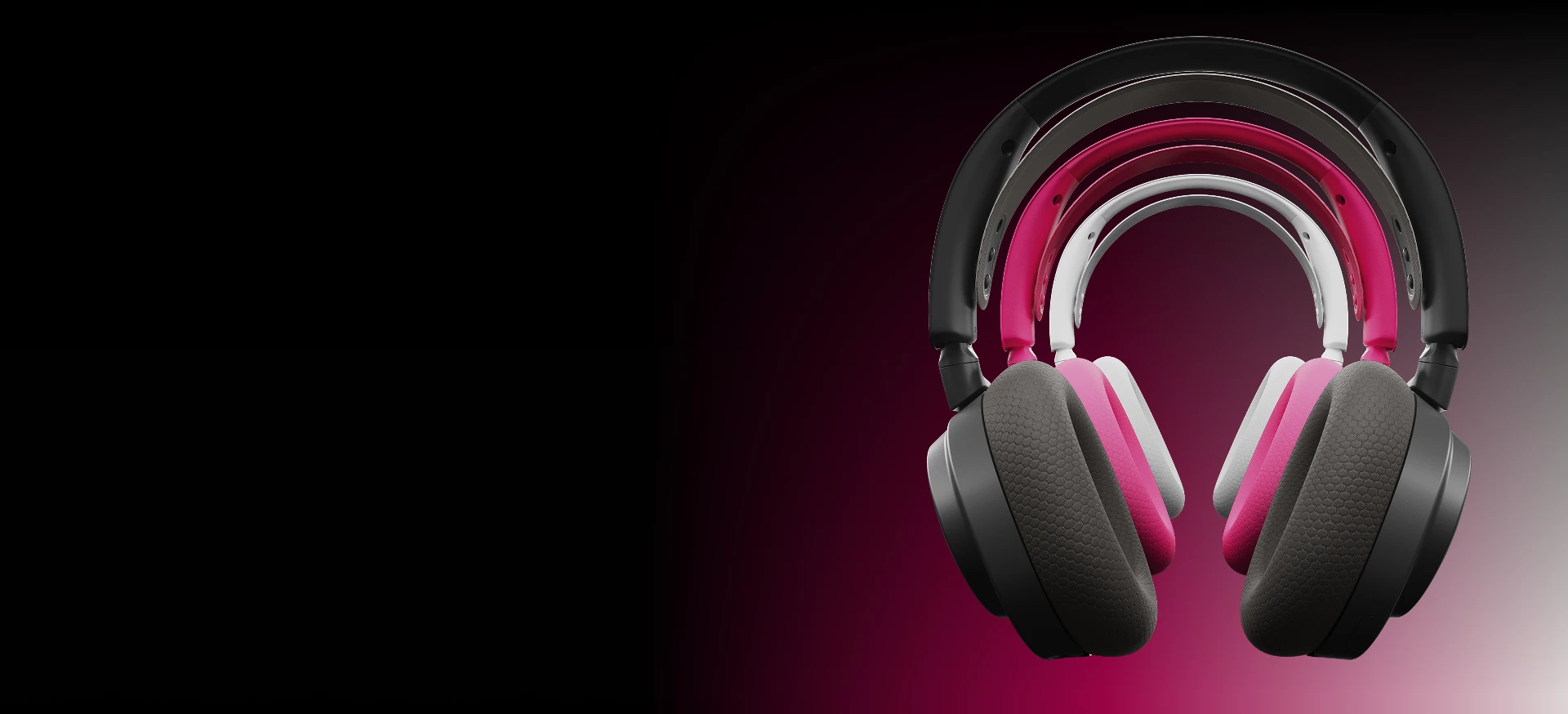 Arctis Nova 7 headset displayed in three different color variants