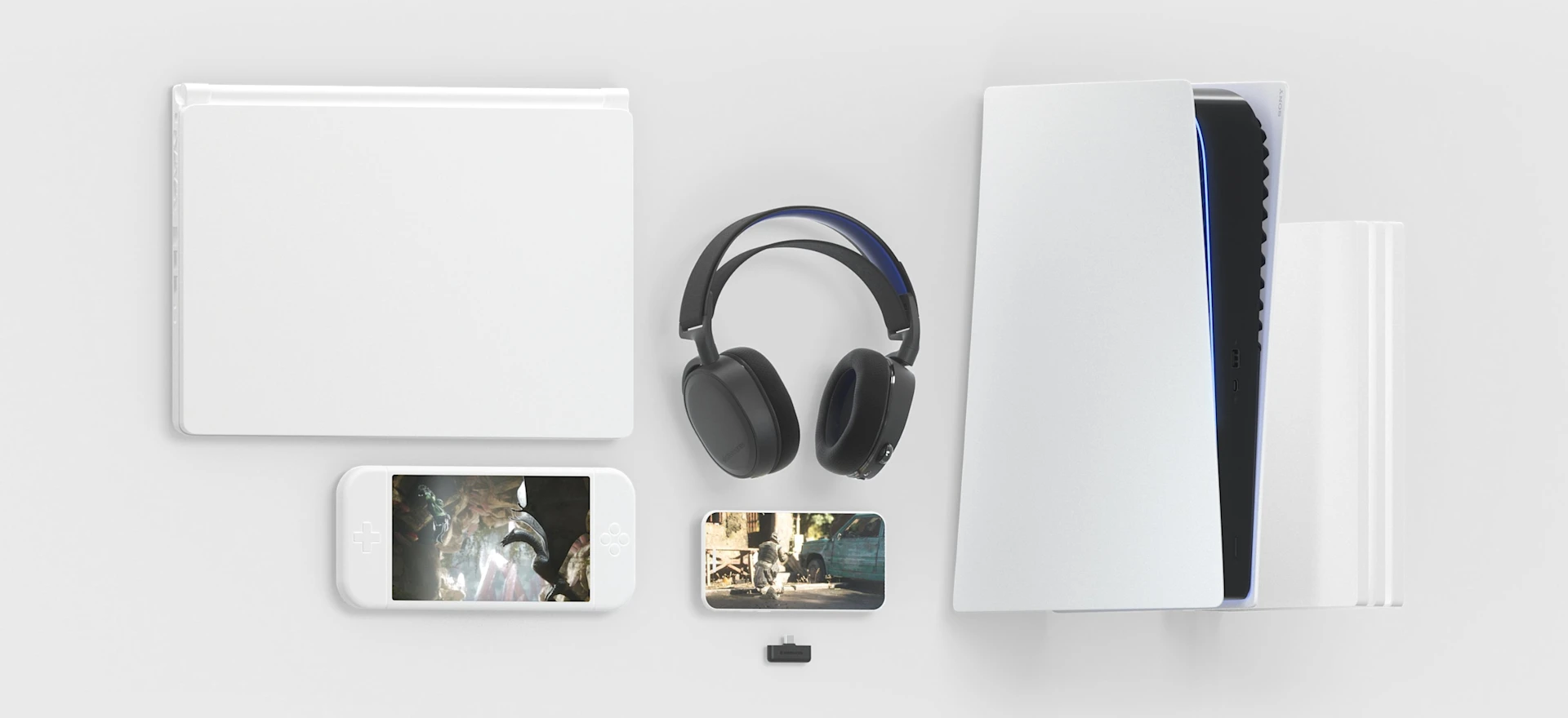 Different products on a white background that can be connected to the Arctis 7P headset