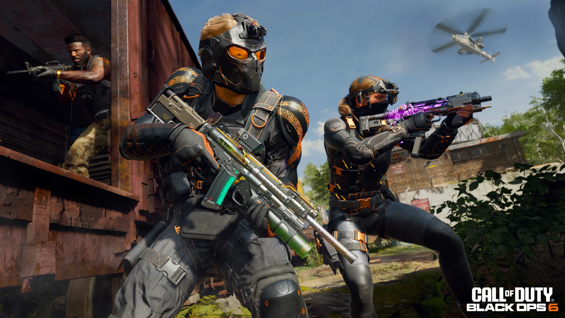 Three people holding a gun in their hands.