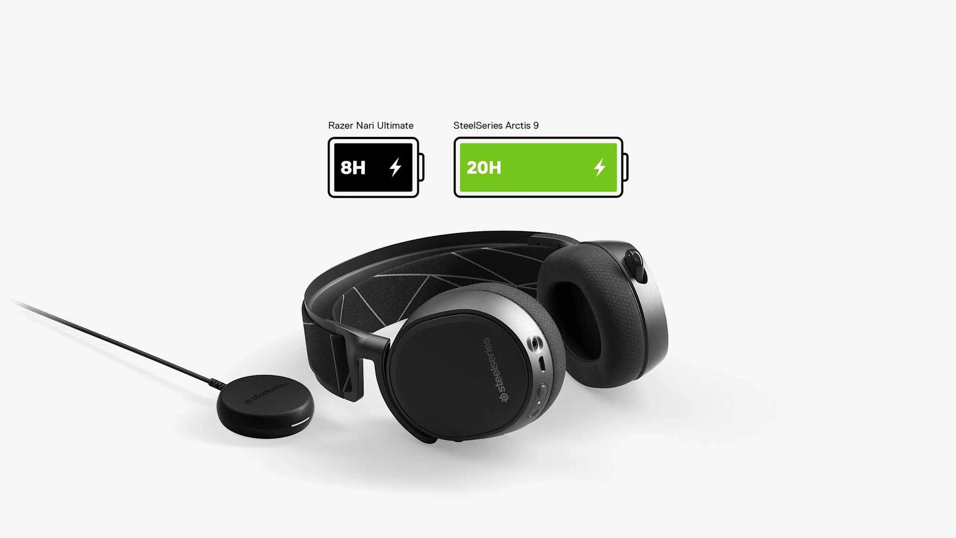 Arctis 9 Battery power highlight. Razer Nari Ultimate, 8 hours. Steelseries Arctis 9, 20 hours.
