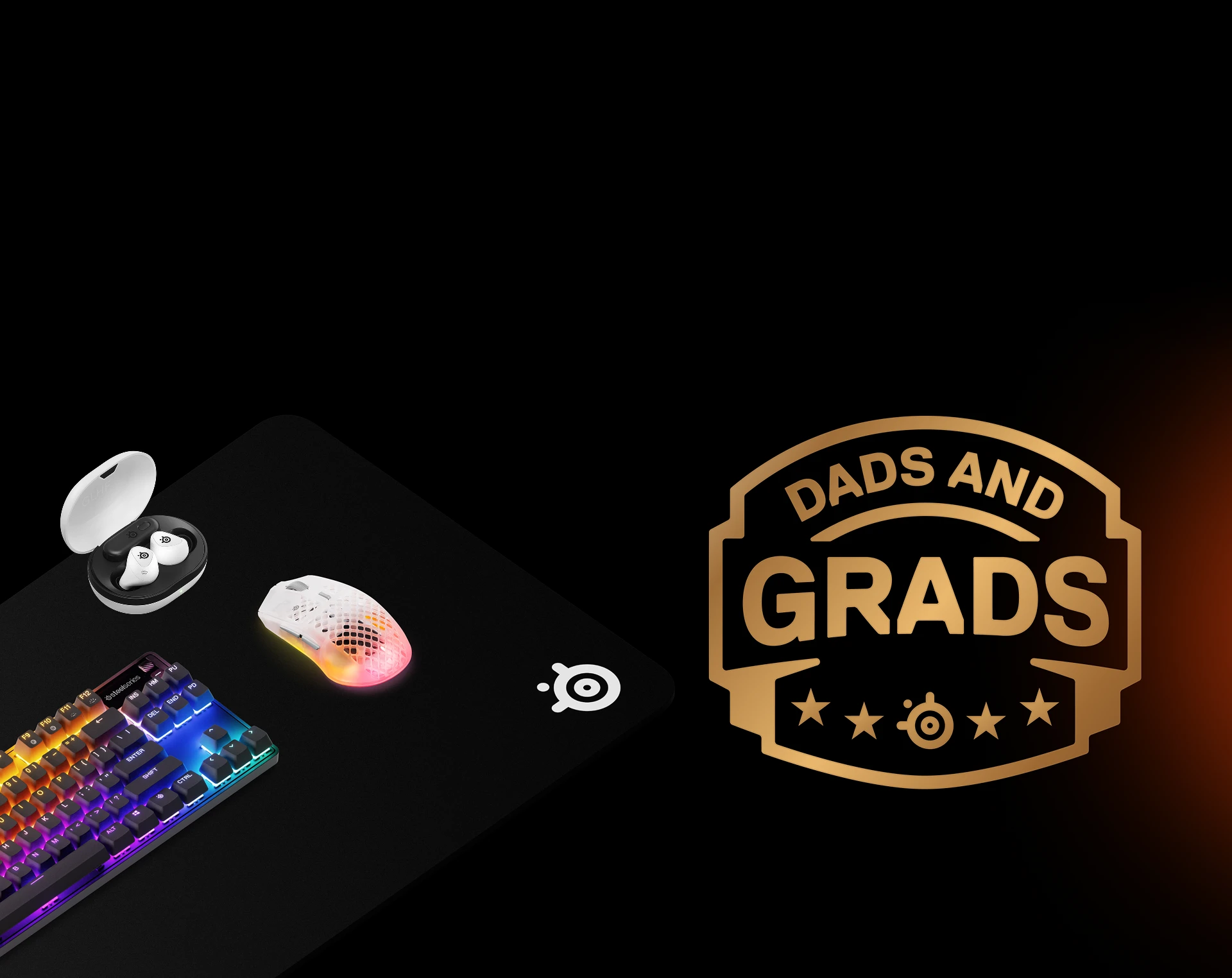 An image of assorted SteelSeries products with text that reads: "DADS AND GRADS".