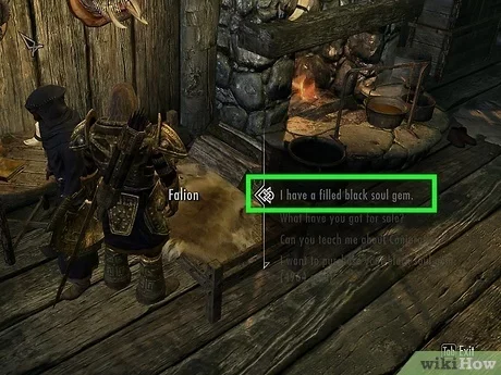 Skyrim character interaction saying he has a filled black soul gem