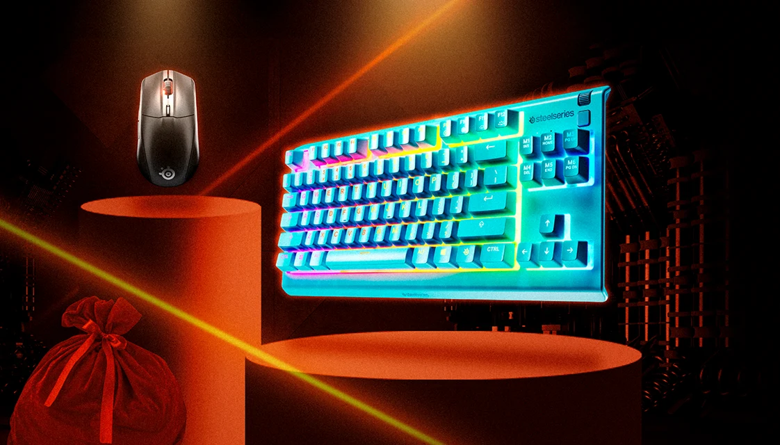 Et billede af en Rival 3 Wireless-mus og et Apex 3 TKL aqua-tastatur vist på piedestaler med orange laserlys, der oplyser baggrunden.