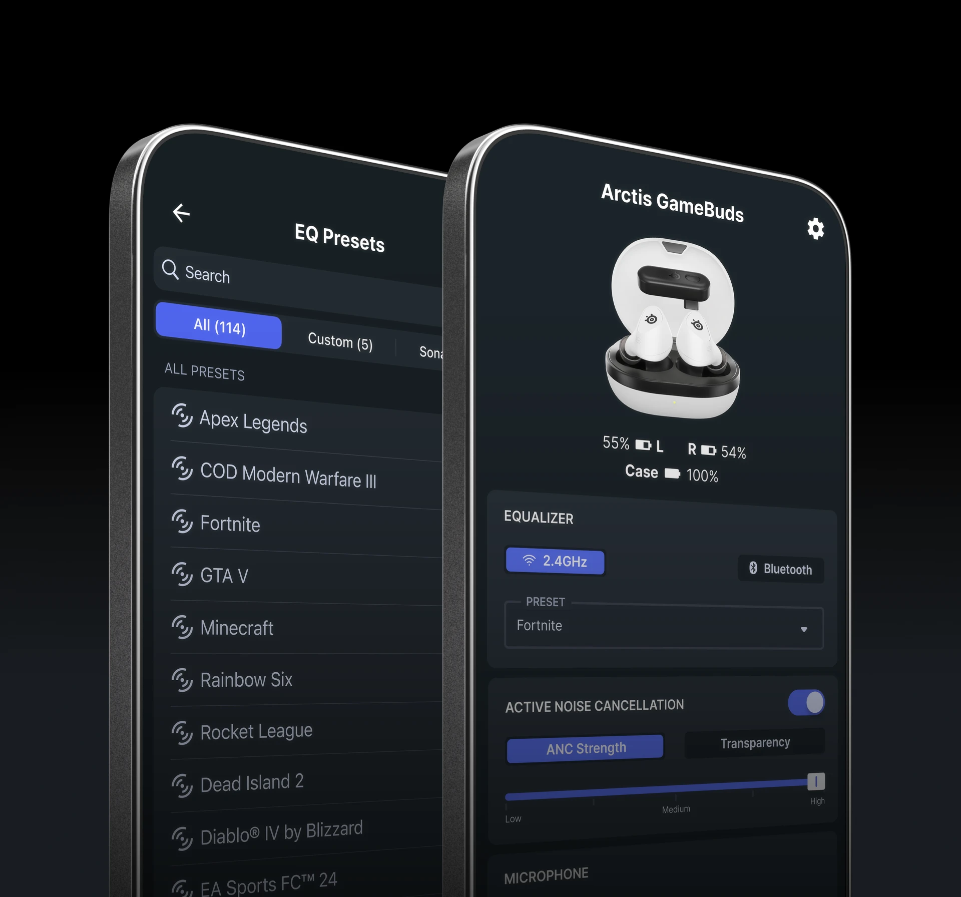 Dois telefones posicionados verticalmente, com predefinições e opções visíveis exibidas a partir do aplicativo Arctis Companion.