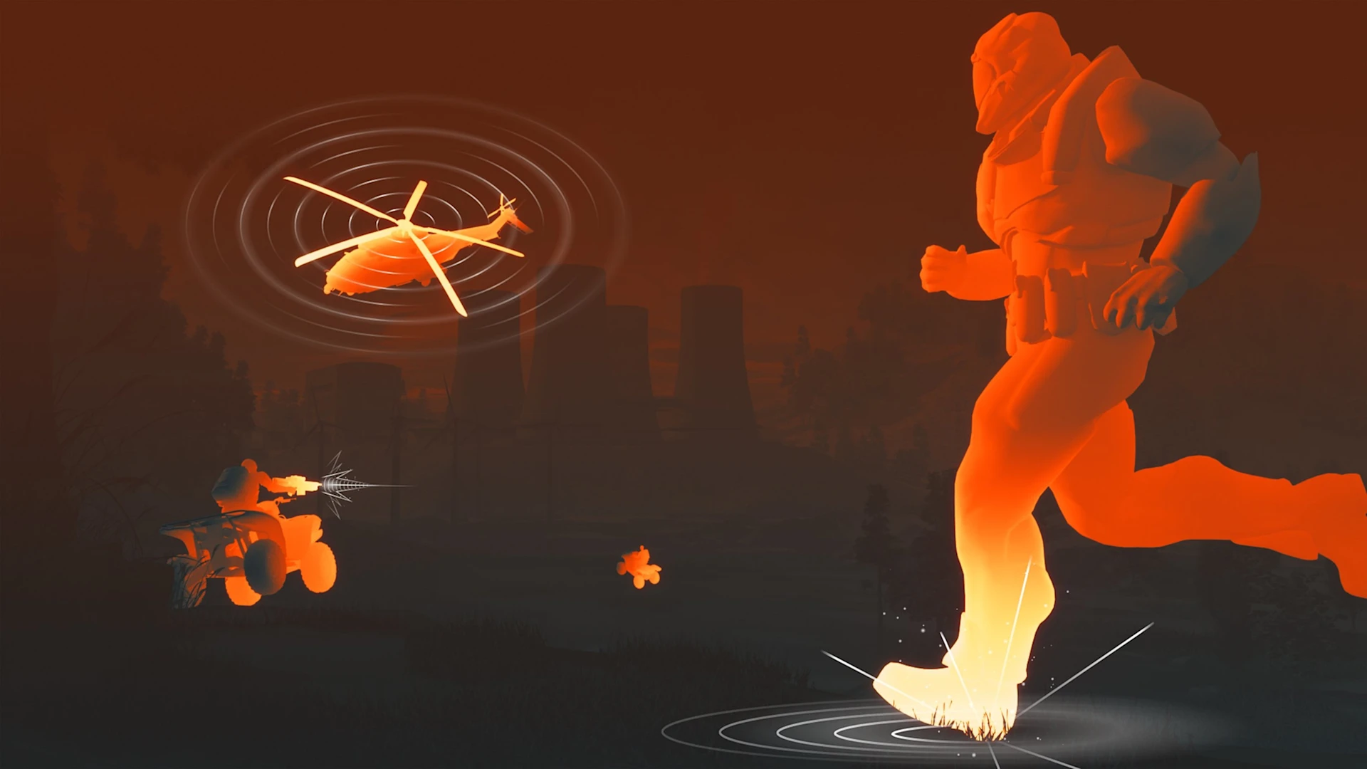 Person running through battlefield.