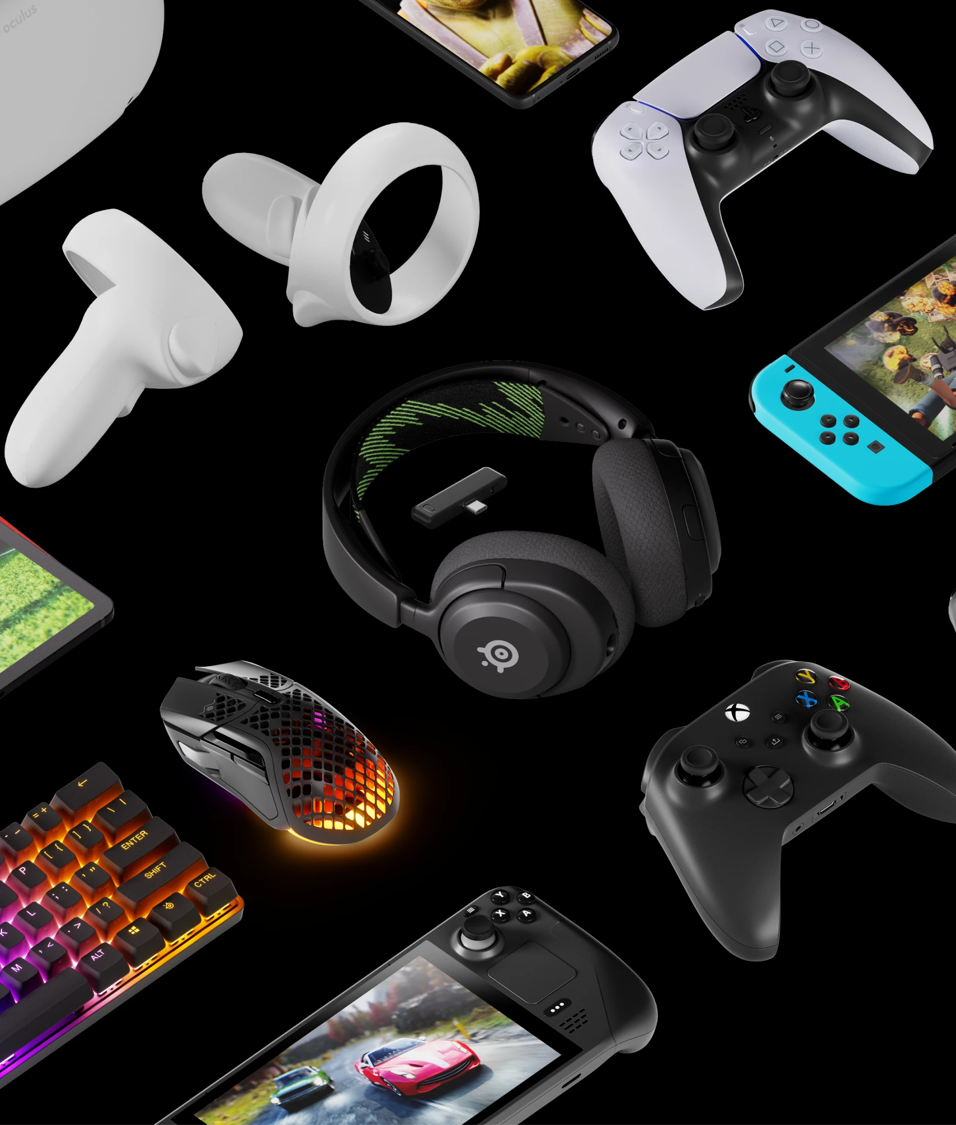 A view of Arctis Nova 4X Headset in the center with steelseries keyboard mice and a tablet on the left, VR Controlers and smartphone at the top, a Nintendo Switch on the right and one PS5 and PS4 controllers at the bottom.