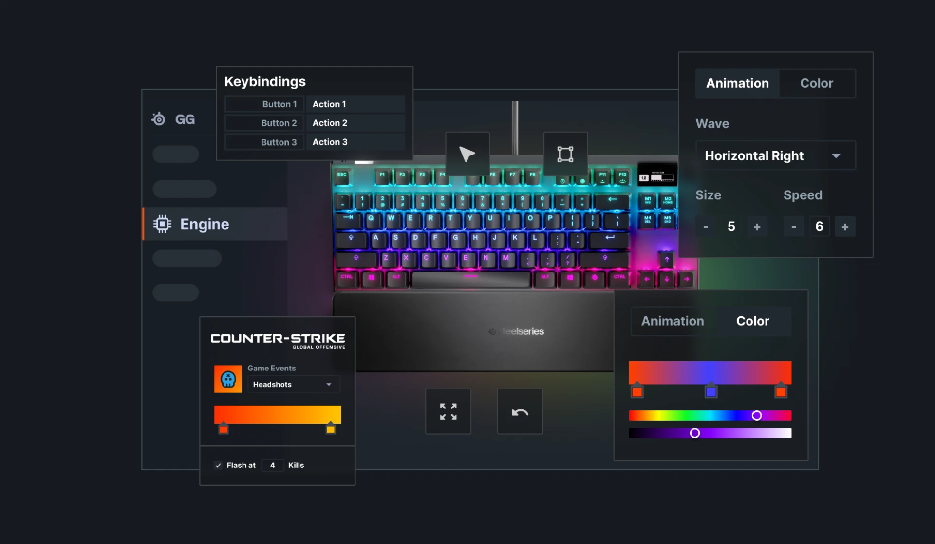 A user interface mockup of SteelSeries GG software showing the customization capabilities of the keyboard.