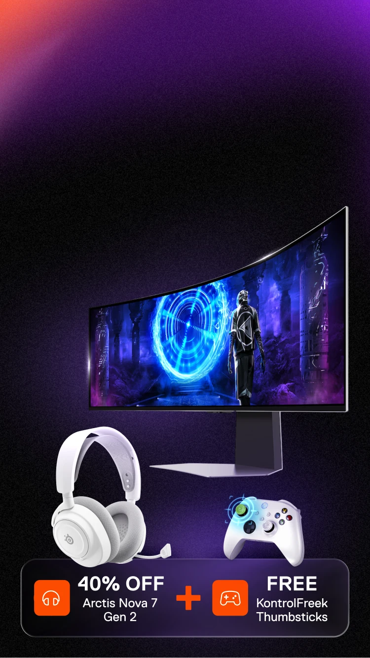 Werbebanner für 40 % Rabatt auf das Arctis Nova 7 Gen 2-Headset mit kostenlosen KontrolFreek-Daumensticks, auf dem ein weißes Headset, ein Gaming-Controller und ein gebogener Monitor vor dunklem Hintergrund zu sehen sind.