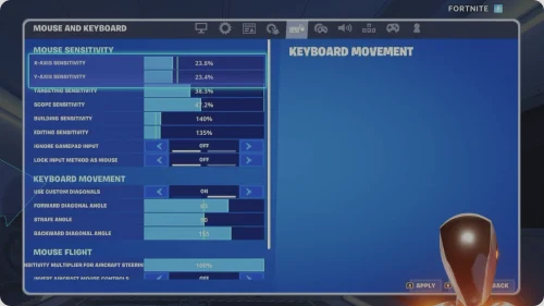 Hassasiyet kaydırıcıları ve seçenekler menüsü içeren Fortnite fare ve klavye ayarları ekranı.