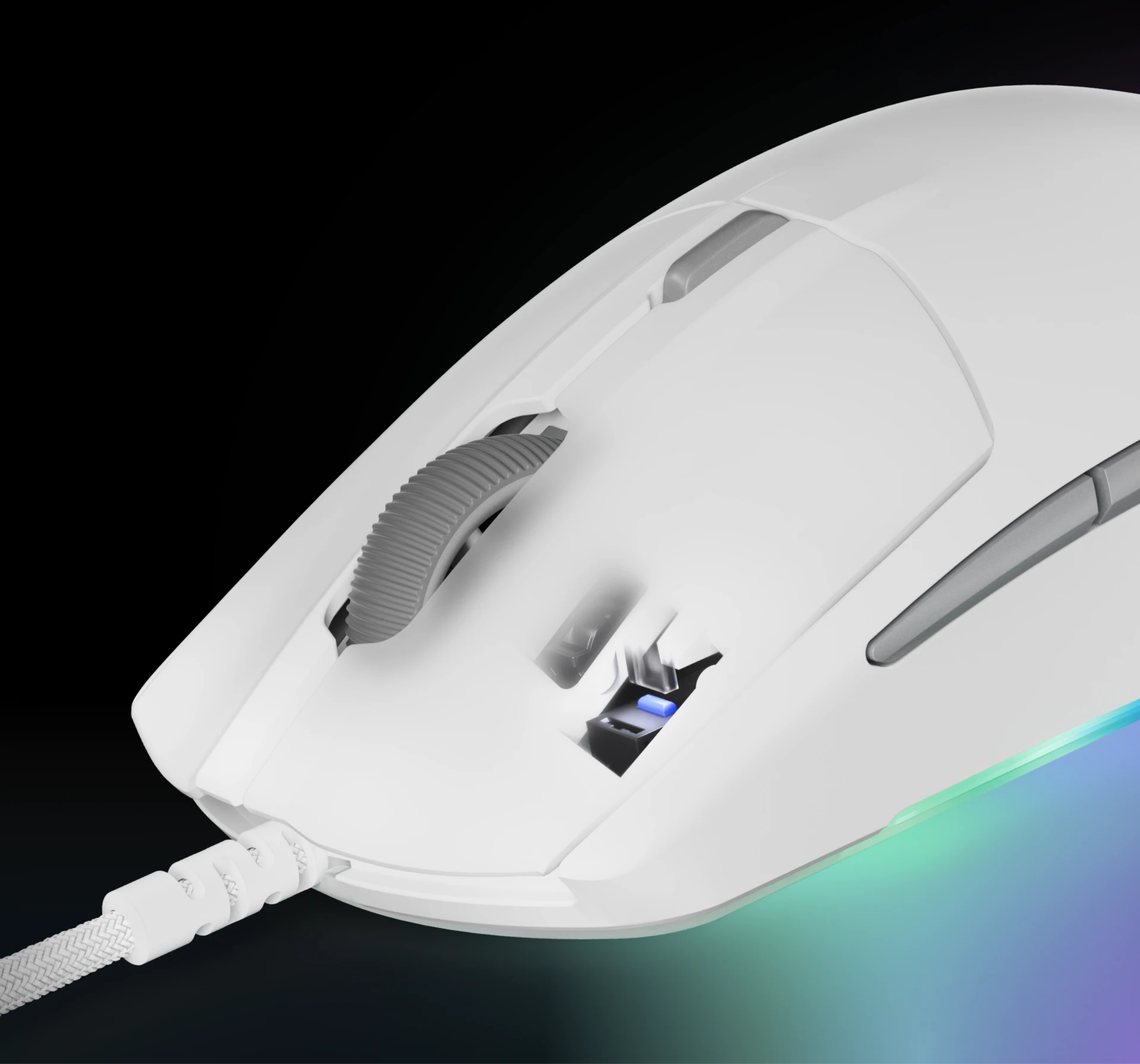 The Rival 3 Gen 2 mouse is connected by a cable and has a glowing bottom with RGB colors