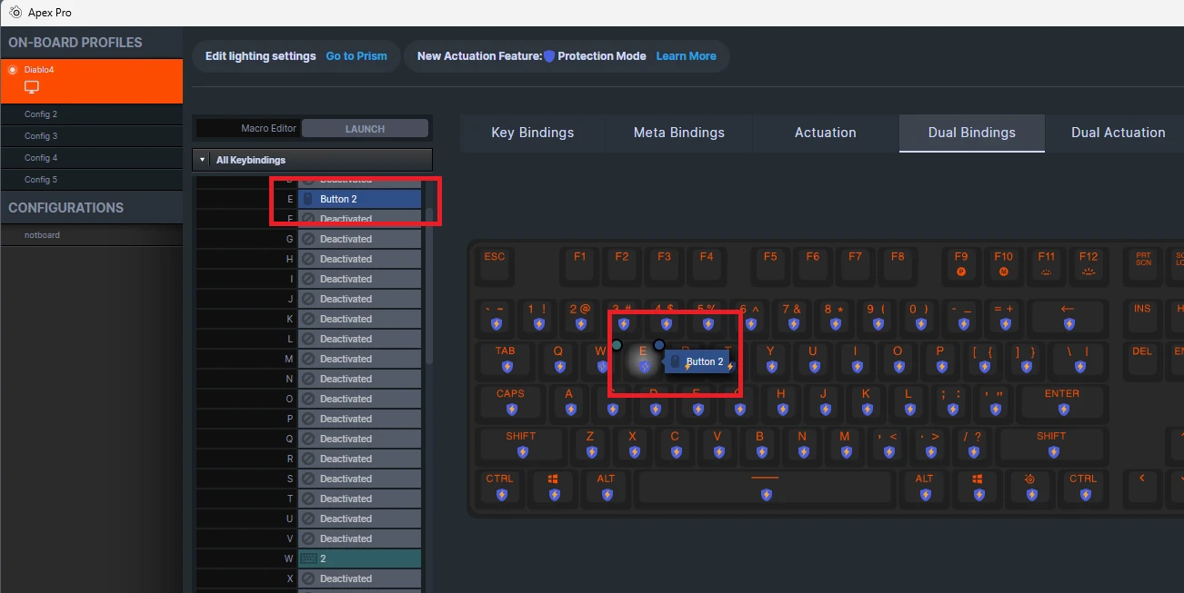 Screenshot of the GG engine keyboard binding setup options.