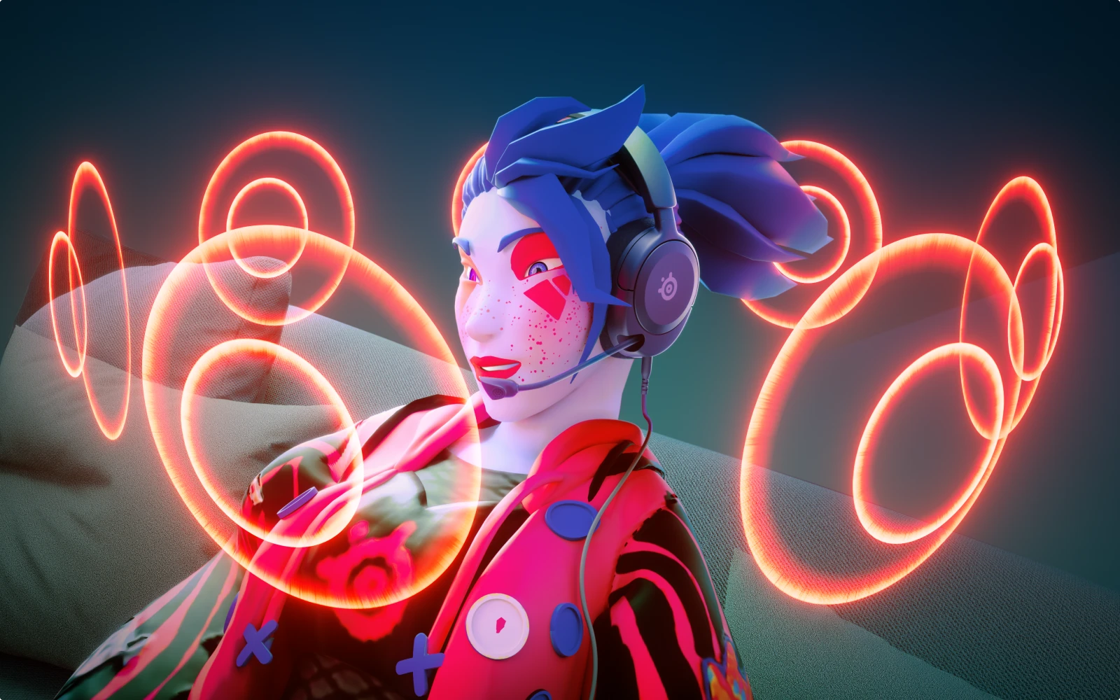 A fictionnal Character wearing Arctis Nova 1 Headset surrounded by sound waves