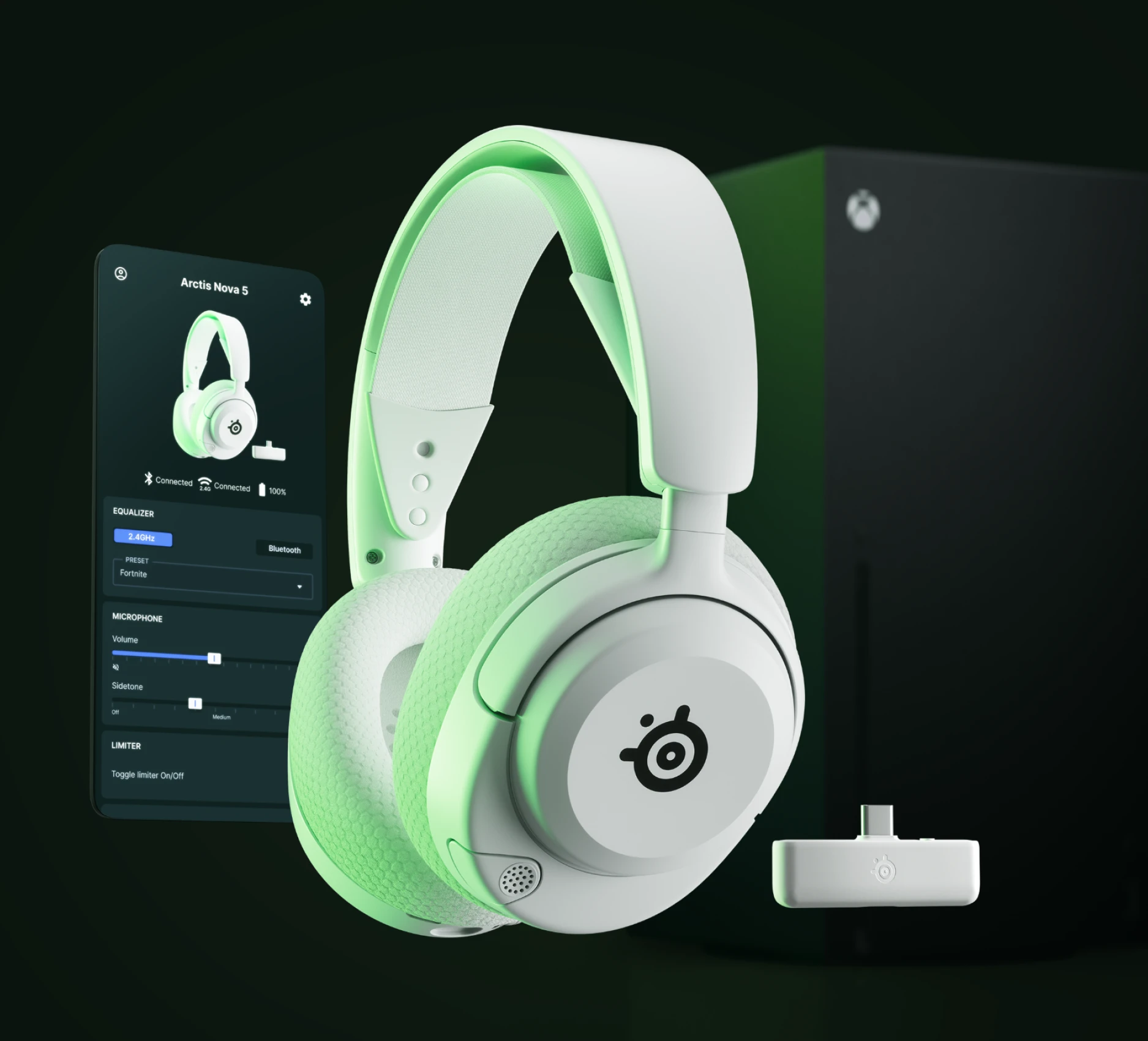Arctis Nova 5 White for Xbox, accompanied by a mobile device with the Arctis Companion app displayed on it