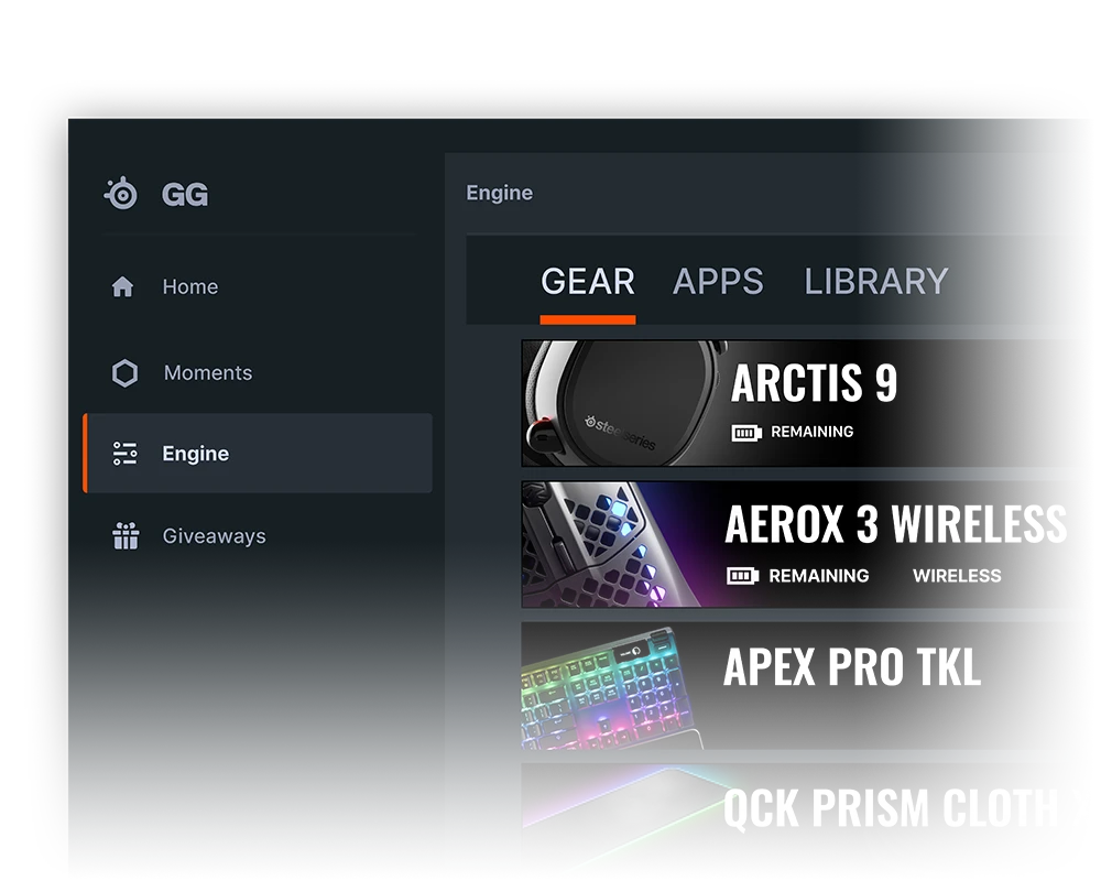 A screenshot of the SteelSeries GG software showing the 'Engine' section, where connected gaming gear like headsets, mice, and keyboards are managed.
