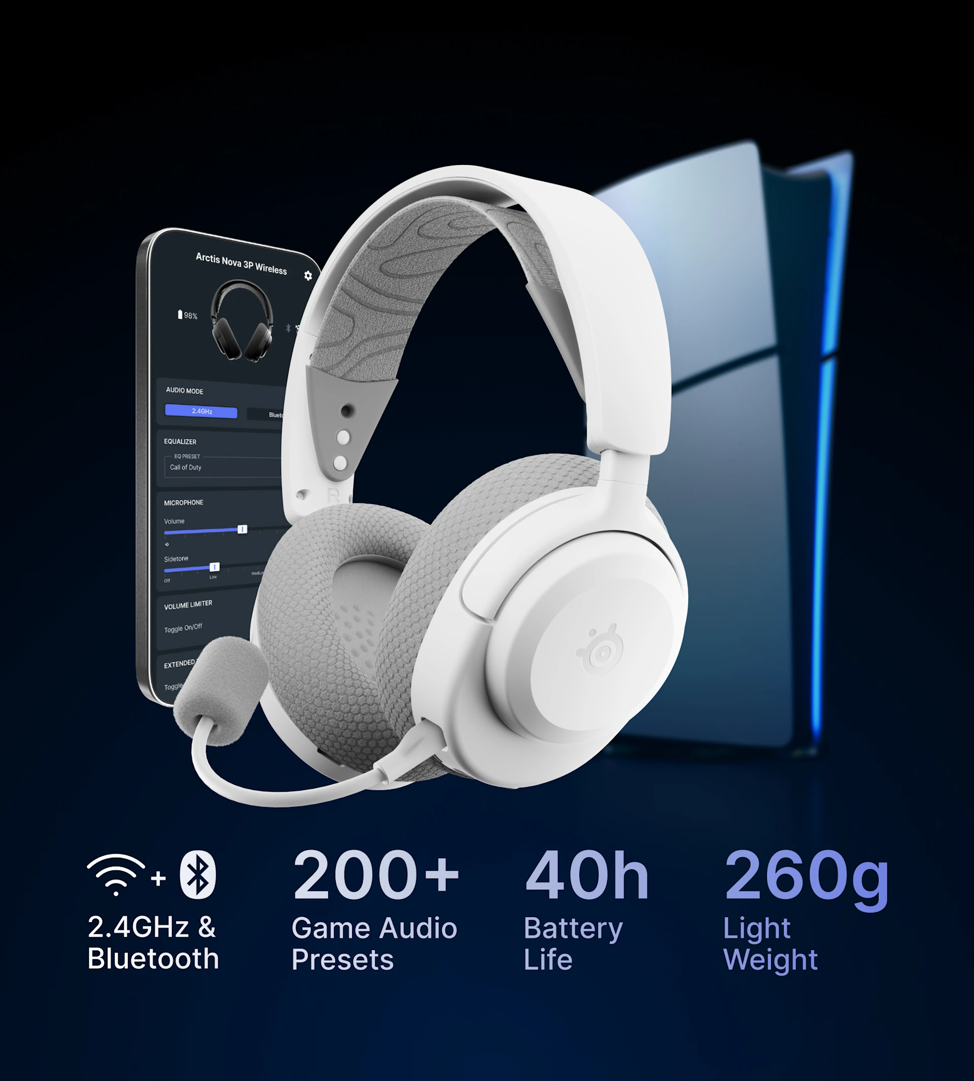 Arctis Nova 3 Wireless rodeado de smartphone y consola playstation sobre fondo oscuro
