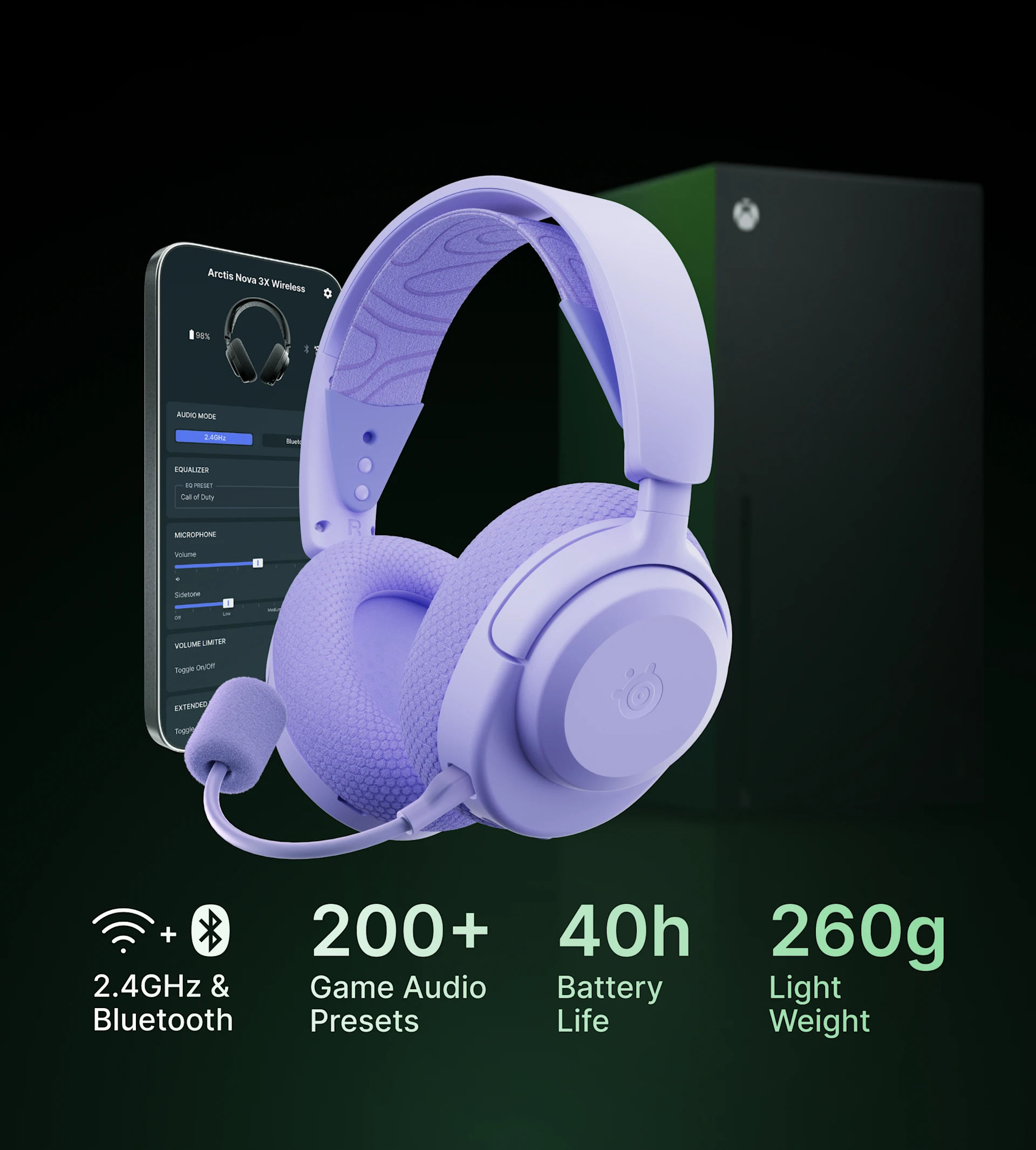 Arctis Nova 3 Wireless Lavender surrounded by smartphone and Xbox console on a dark background