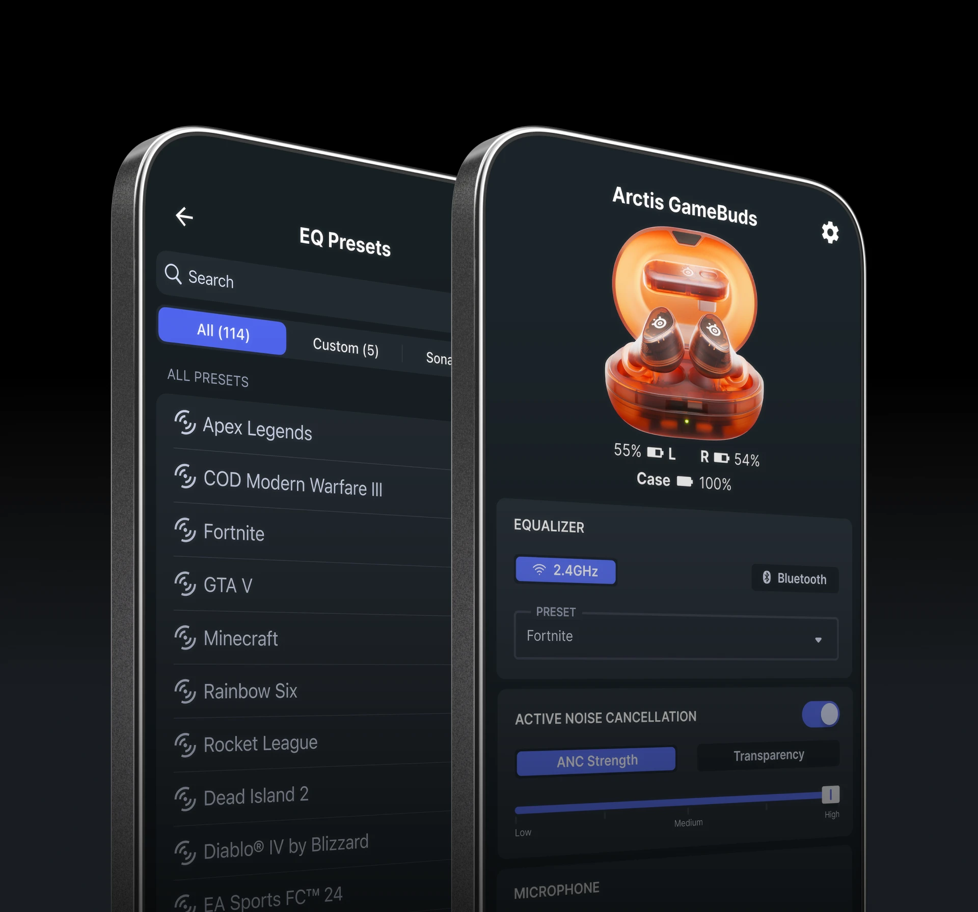 Dois telefones colocados na vertical, com predefinições e opções visíveis exibidas no aplicativo Arctis Companion.