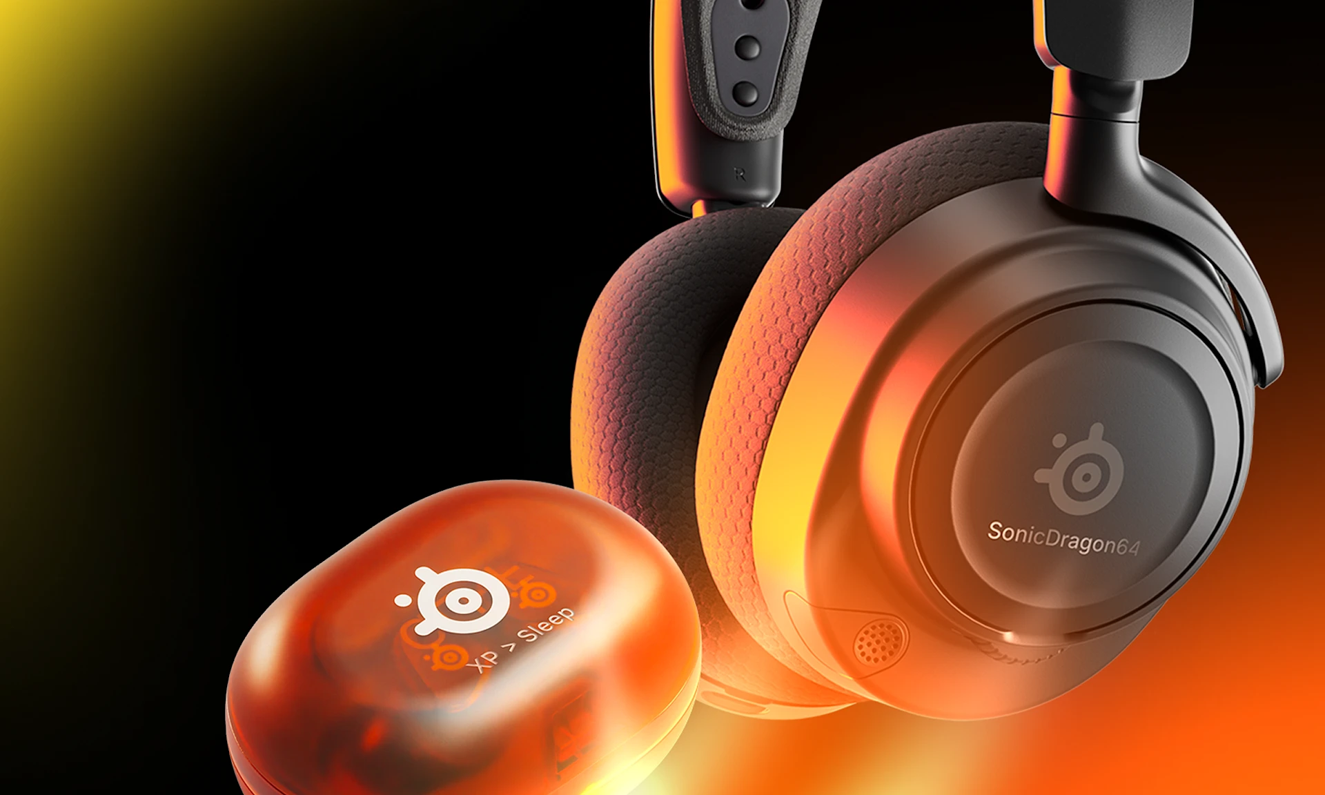An image of an Arcits Nova headset and Arctis GameBuds engraved and an orange burst of light illuminating it.
