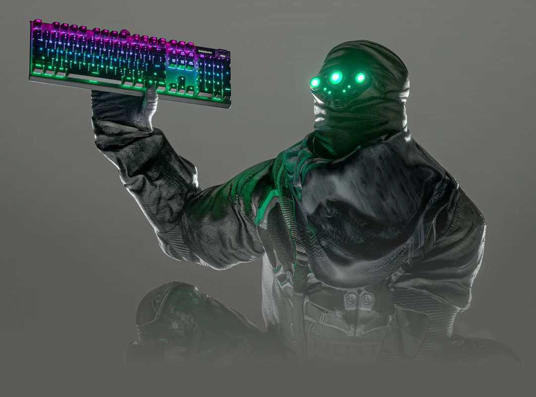 An image of a character holding an Apex keyboard with a grey gradient background.