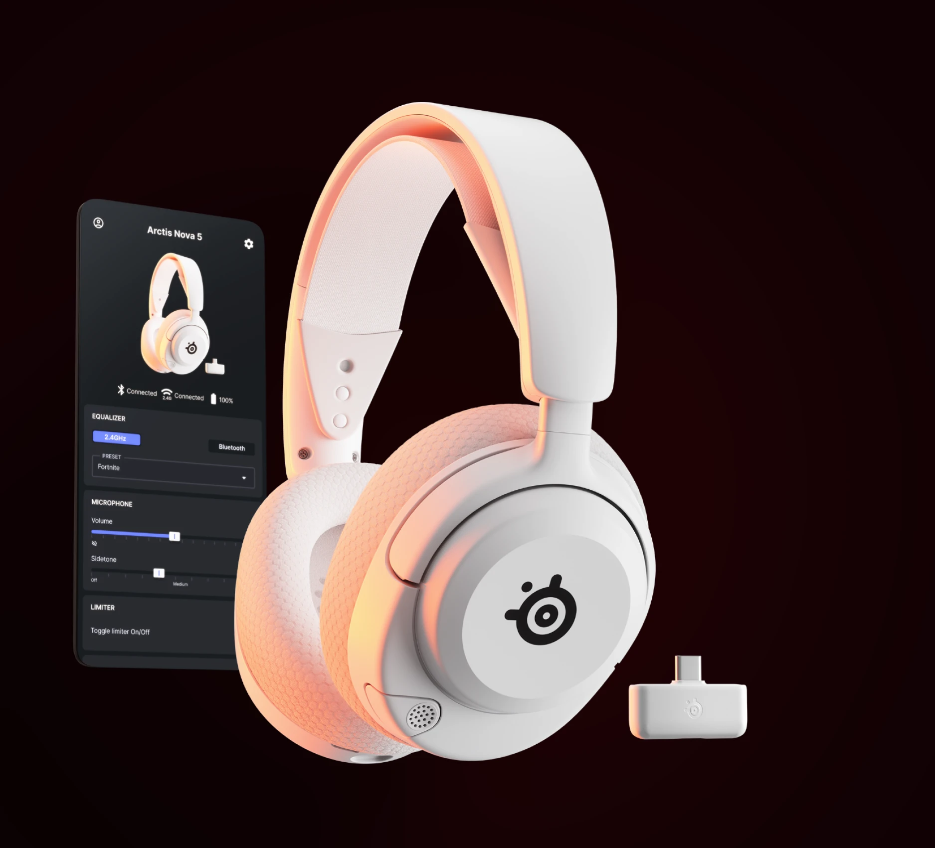 Arctis Nova 5 white accompanied by phone with arctis app on it.