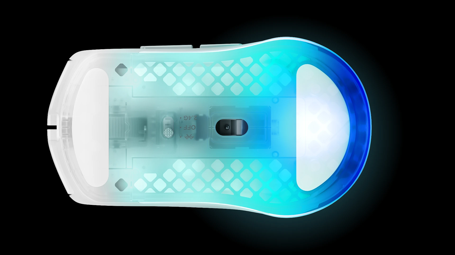 Bottom view of translucent RGB mouse showing sensor, feet, and wireless mode switch.