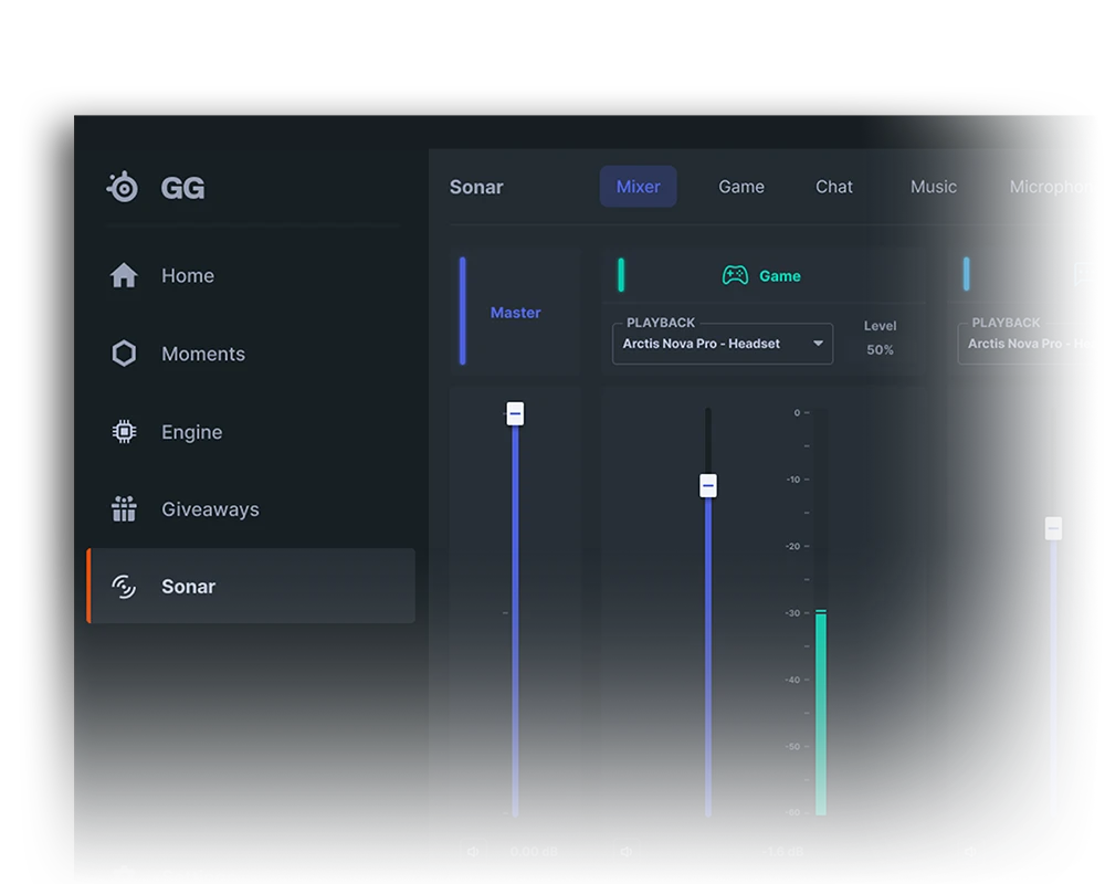 Captura de pantalla de la interfaz del software SteelSeries GG en modo oscuro, que muestra el mezclador de audio Sonar con controles deslizantes de volumen para los canales Master, Game, Chat y Music.