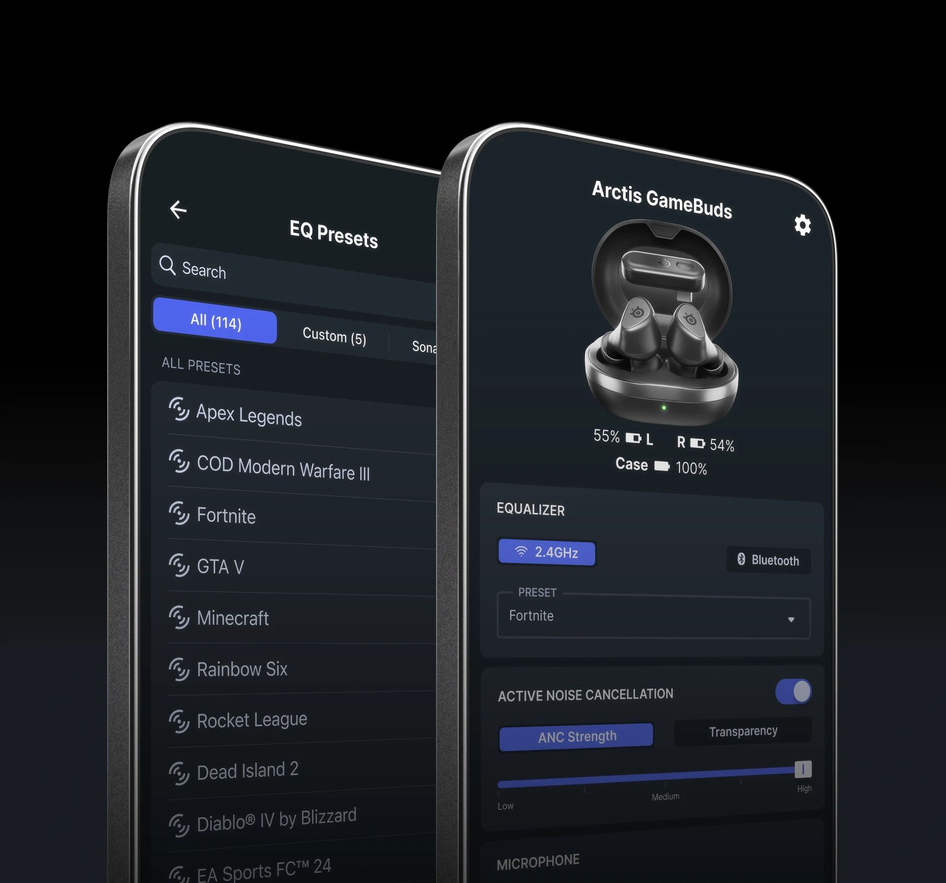 Two phones set vertically, with visible presets and options displayed from the Arctis Companion App.