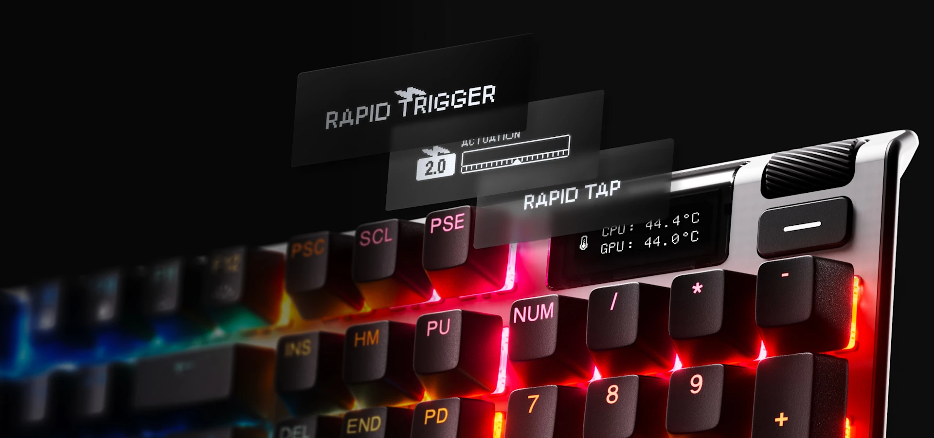 Um close-up da tela OLED no teclado Apex Pro Gen 3.