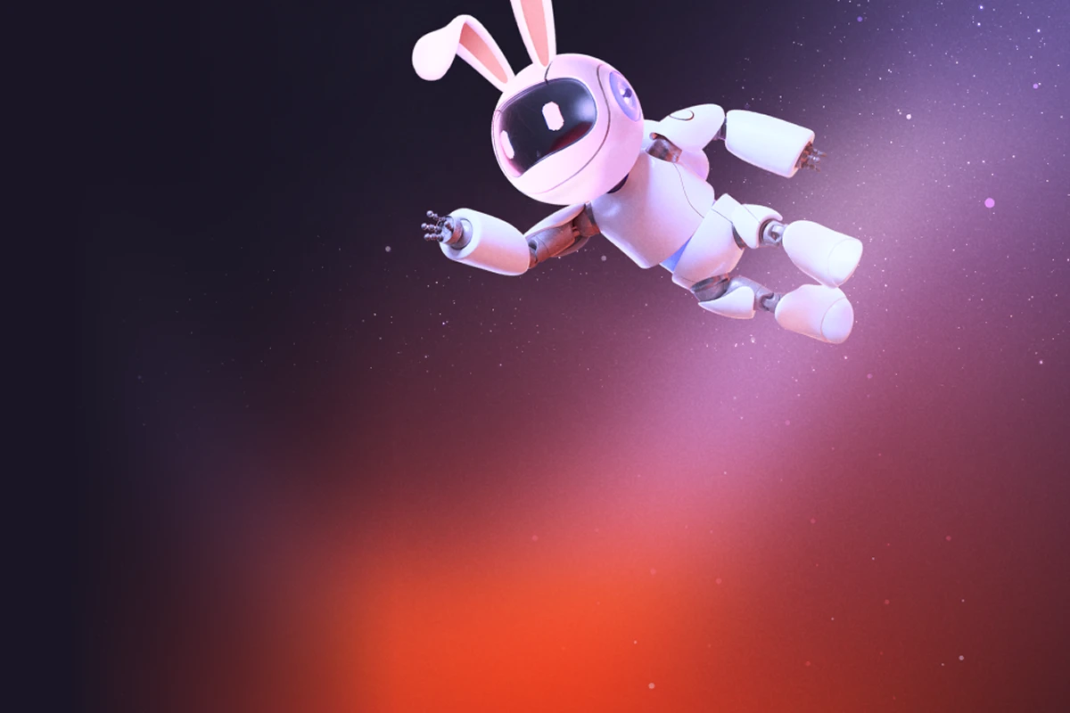 An image of Buddy the Robot with bunny ears floating through space with a purple and orange gradient background.