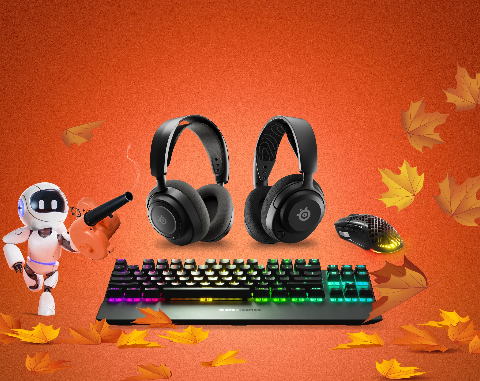 Assorted SteelSeries gear pictured with an autumn background.