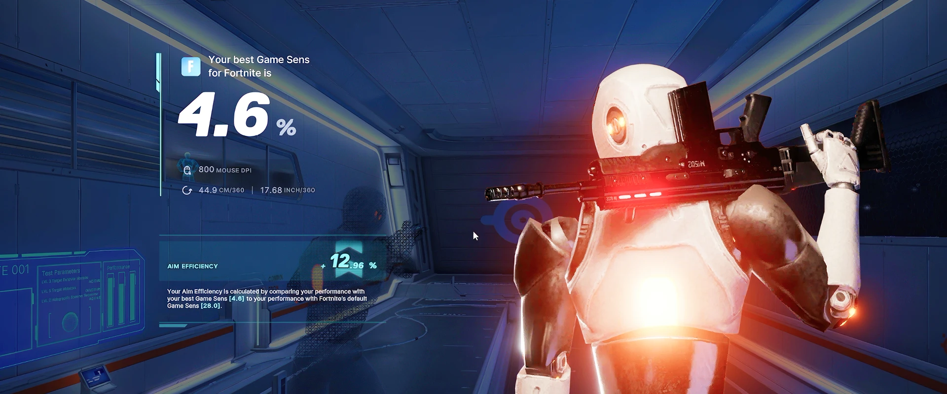 HUD'da optimum Fortnite fare hassasiyeti istatistiklerini gösteren, bilim kurgu tarzı bir atış poligonundaki robot asker.