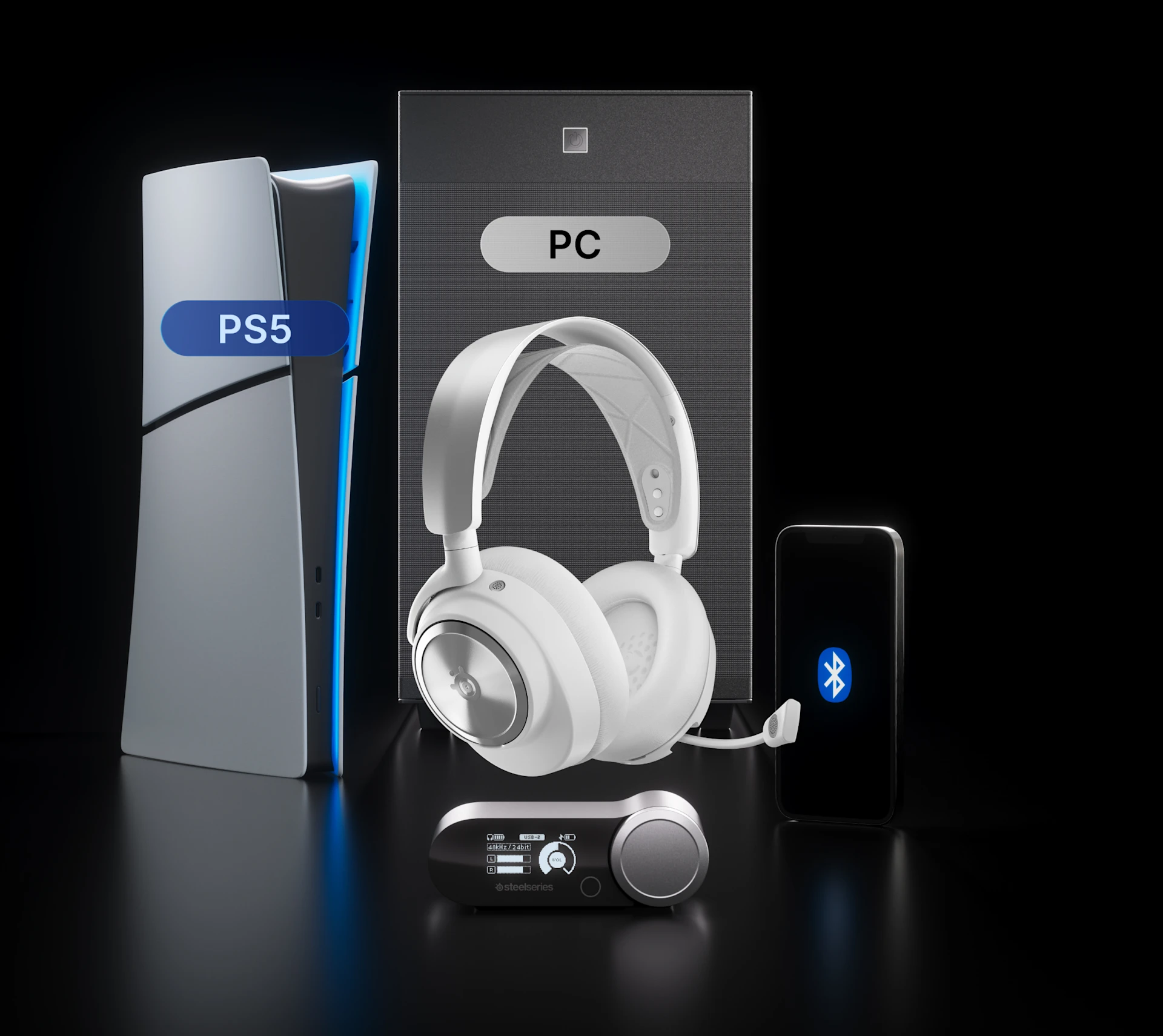 Ein schwarzes Arctis Nova Pro Wireless-Headset auf blau-schwarzem Hintergrund, dazu eine PS5-Konsole.