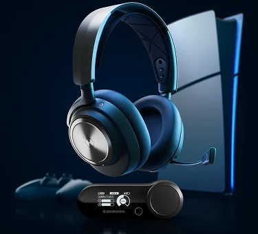 A pair of black arctis nova pro wireless headset on a blue andblack background accompanied by PS5 console