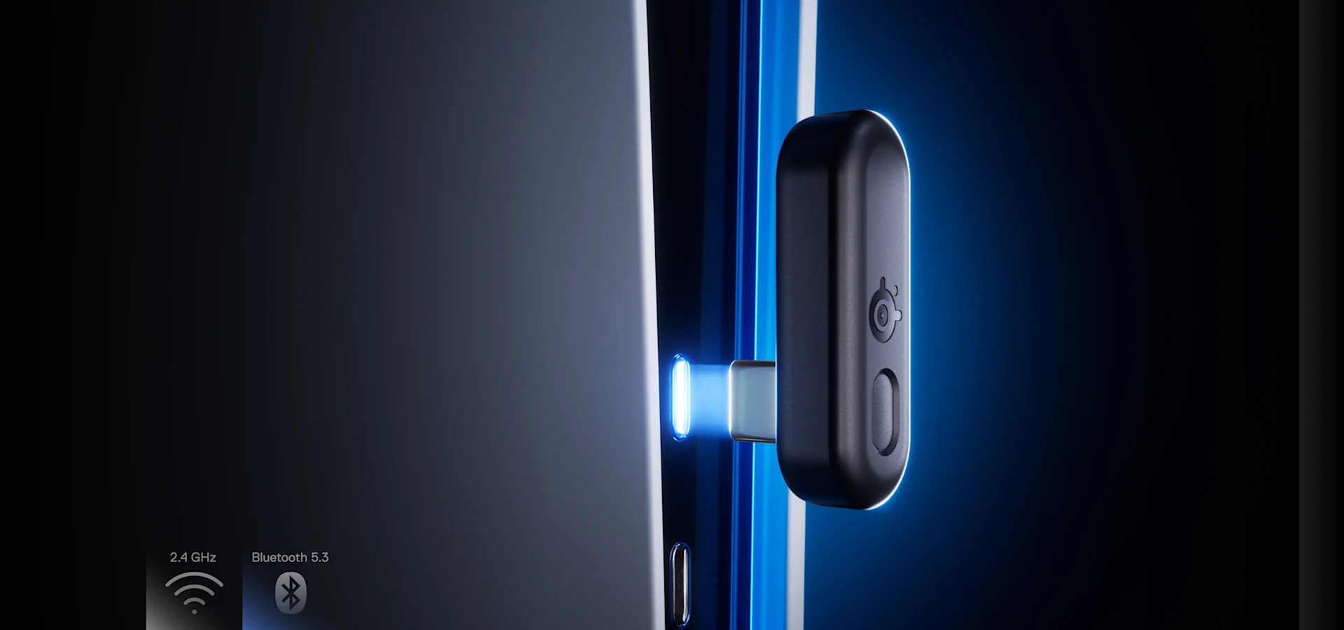 The Arctis Gamebuds dongle slowly reaches the USB-C port; the space between them lights up blue.
