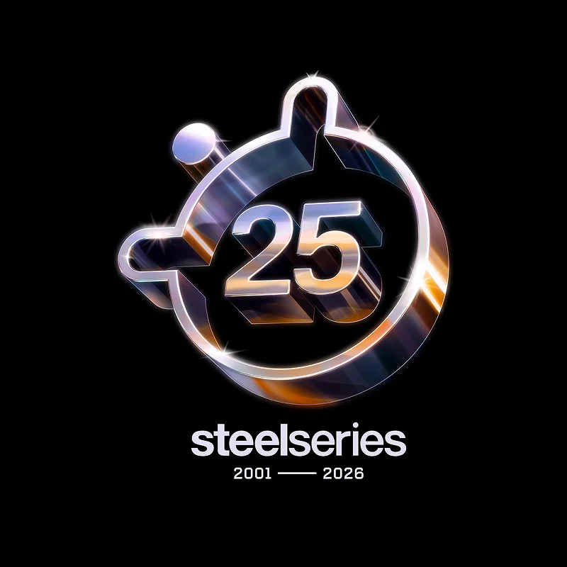 An image of the SteelSeries logo with the number 25 in the middle and text that reads: "steelseries 2001 - 2026".