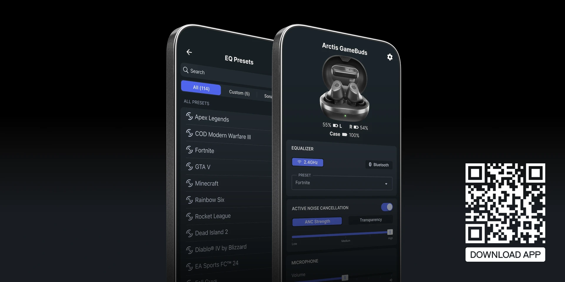 Two phones set vertically, with visible presets and options displayed from the Arctis Companion App.