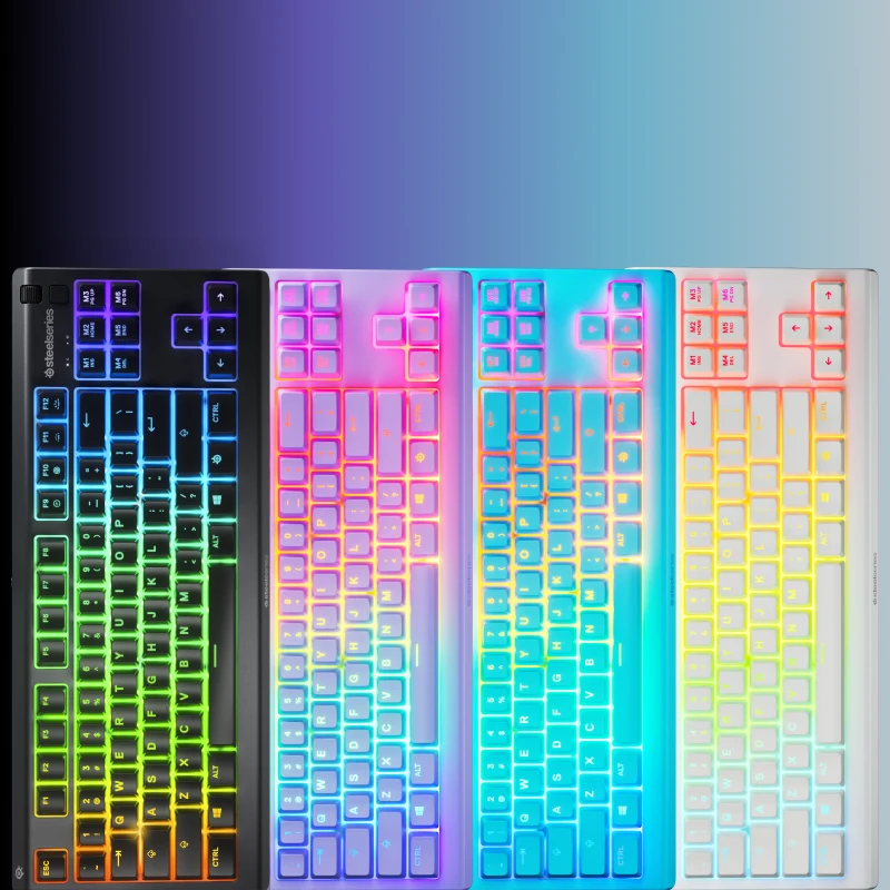 Apex 3 TKL keyboard in different colors on a gradient background 