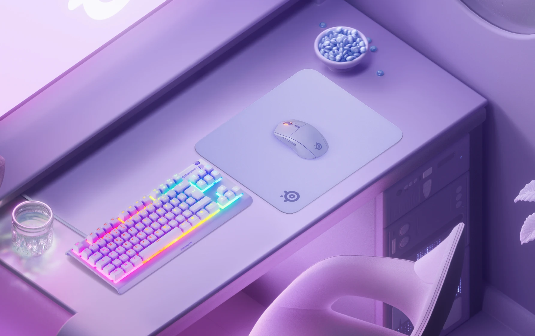 游戏设备等轴测视图：键盘、鼠标、鼠标垫与耳机缀满鲜亮的单色紫光。